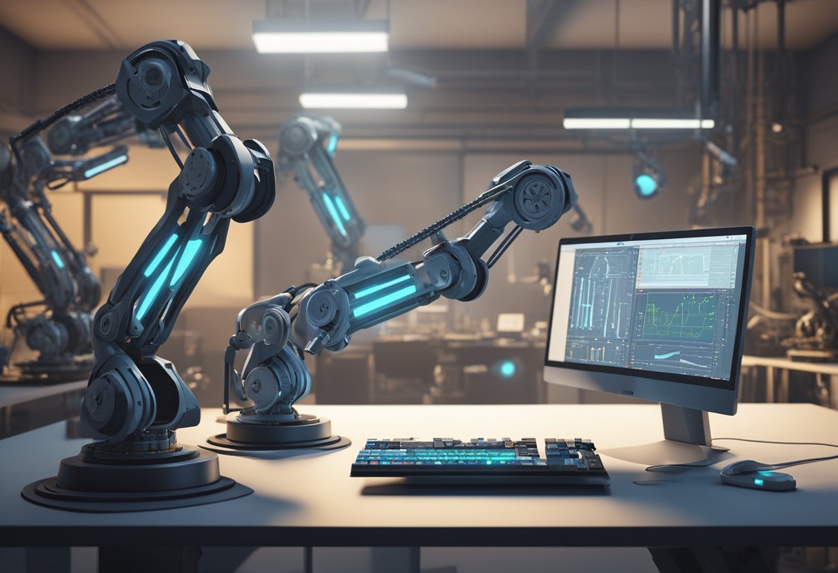 Robotic arms manipulate 3D models on computer screens, while AI algorithms analyze motion data in a dimly lit animation studio