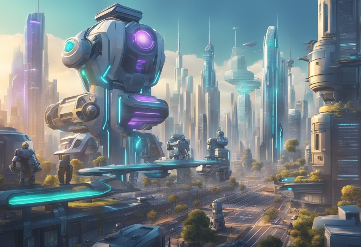 A futuristic cityscape with AI-powered robots creating animated films in a high-tech studio