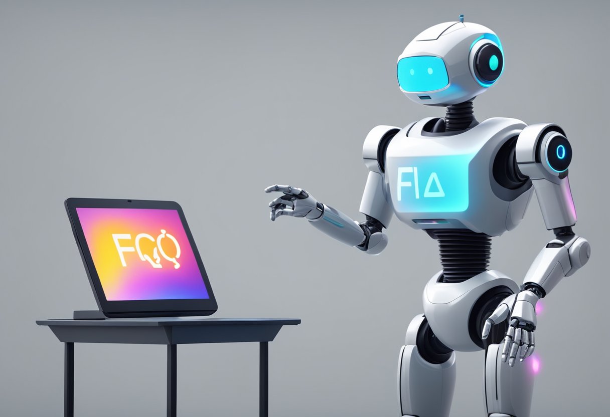 An animated robot presenting a FAQ section on a futuristic holographic display
