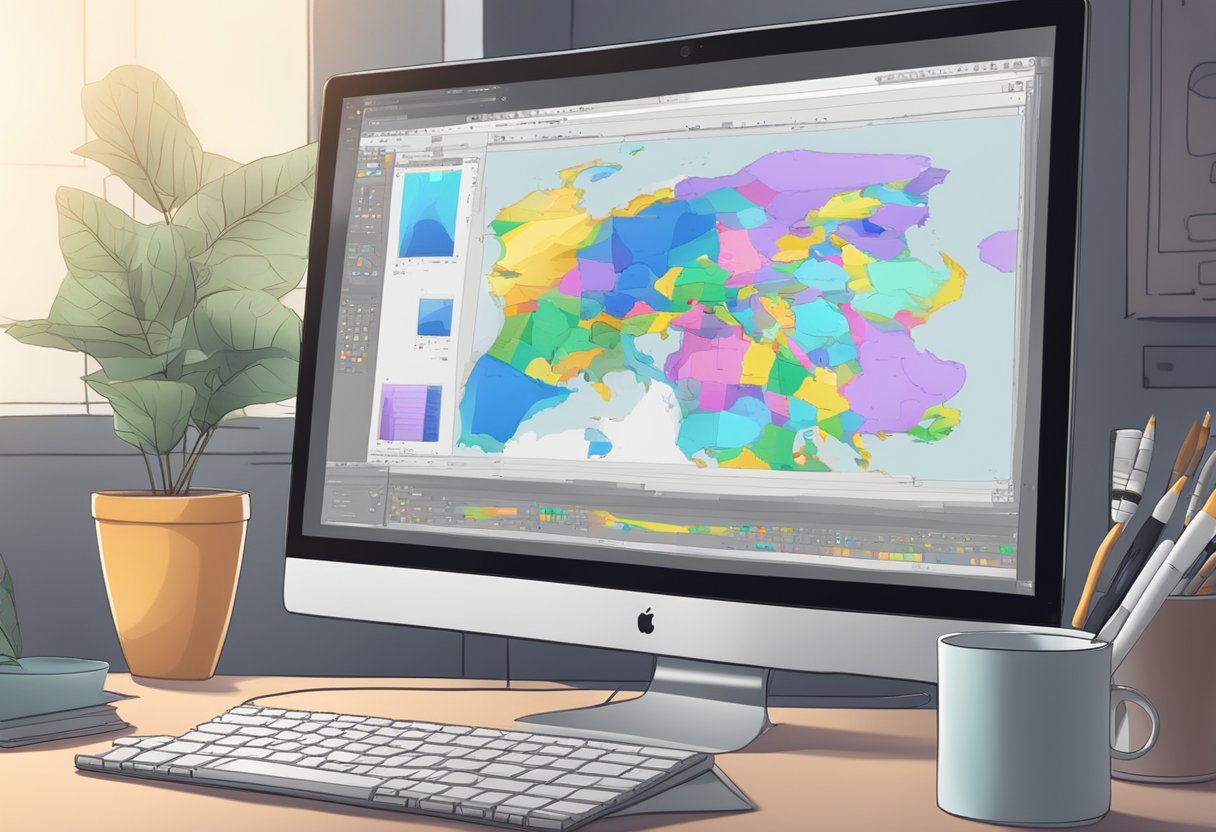 A computer screen displaying traditional 2D animation software, surrounded by AI technology and digital drawing tablets