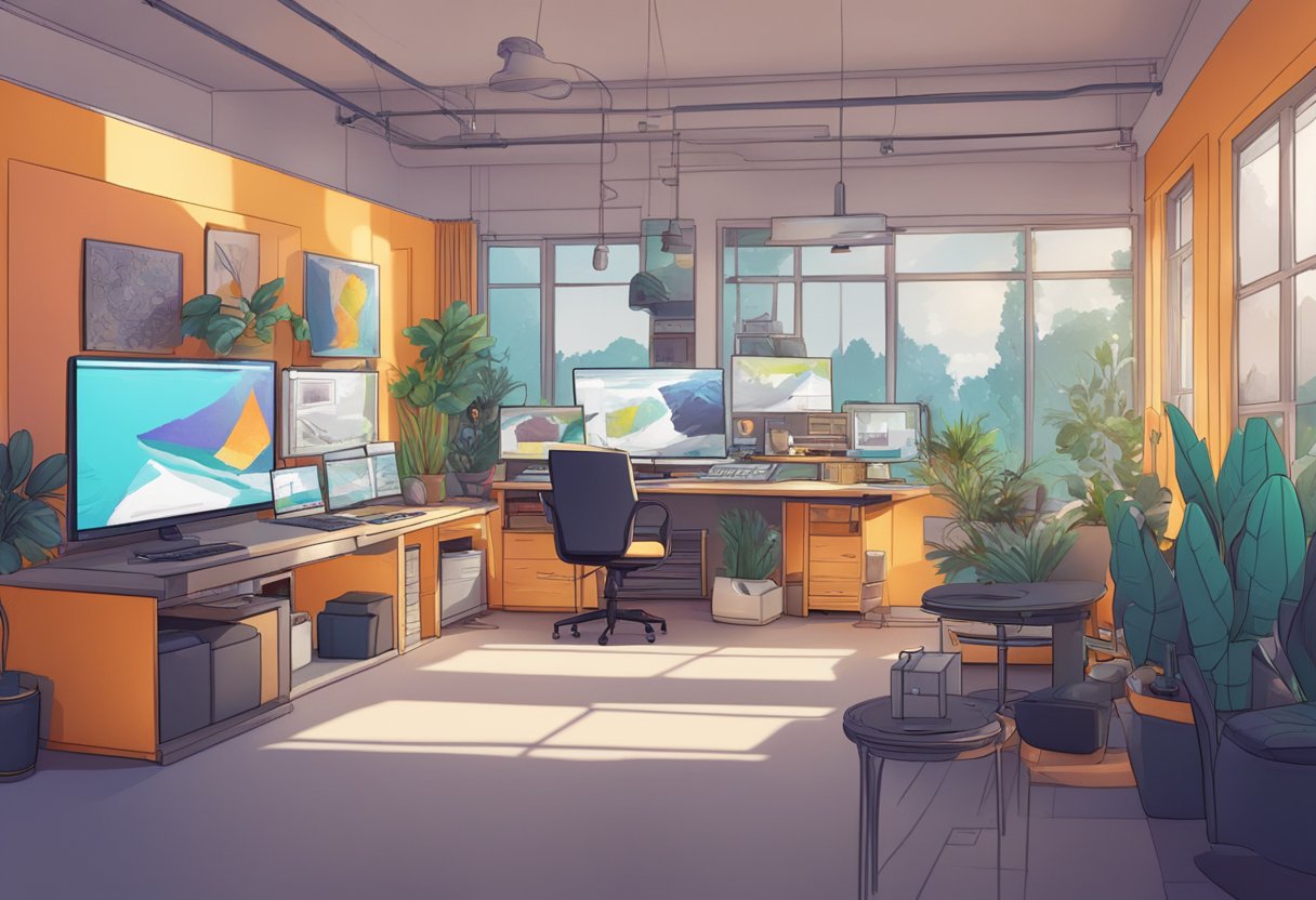 A vibrant 2D animation studio surrounded by advanced AI technology
