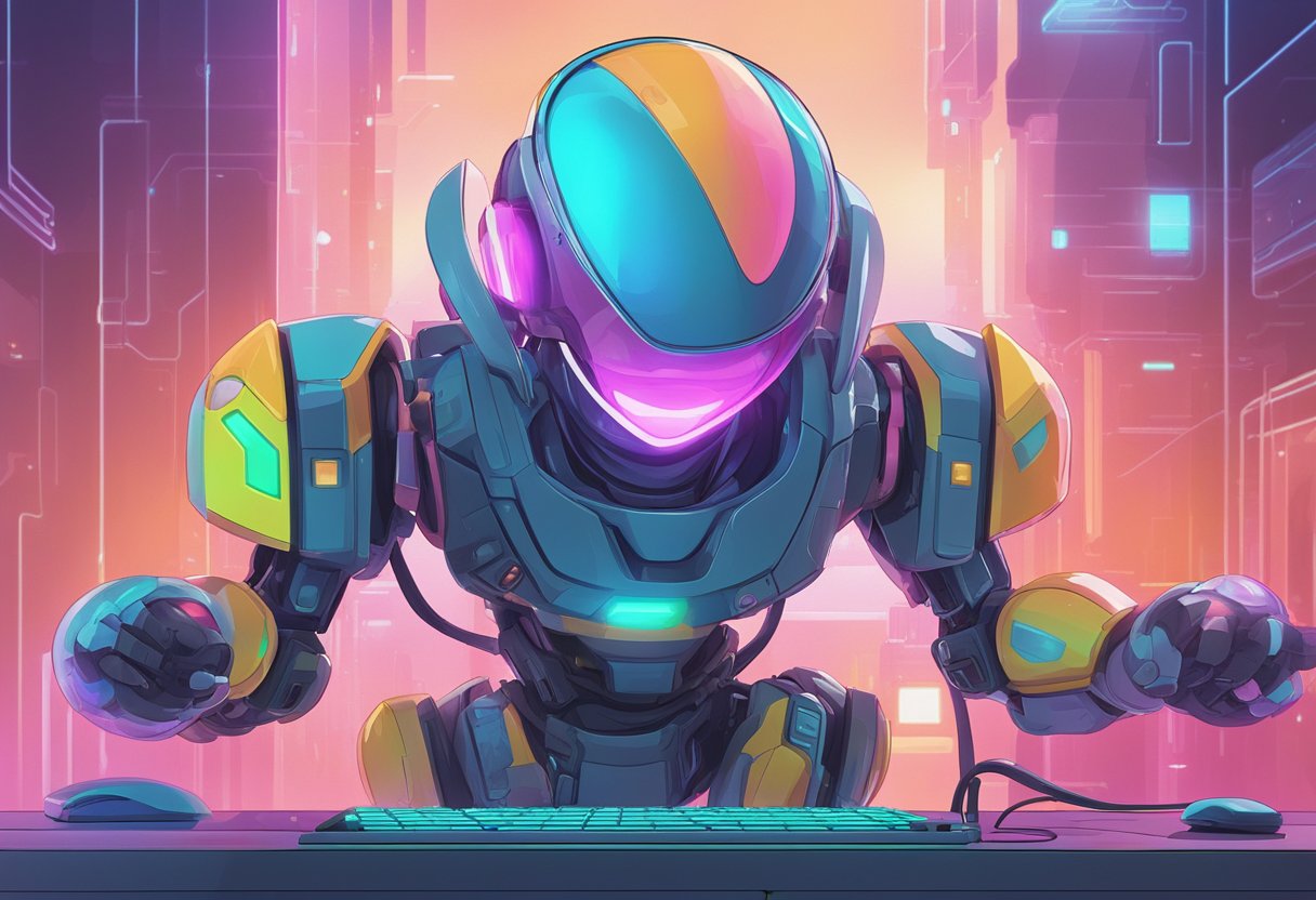 A colorful 2D animated character emerges from a computer screen, surrounded by futuristic AI technology
