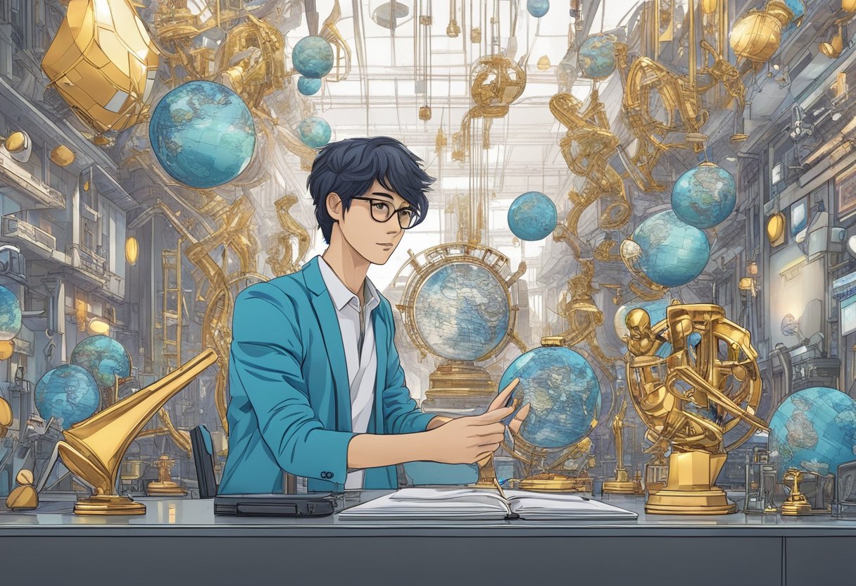 A futuristic AI creating intricate hand-drawn anime scenes, surrounded by global cinema symbols and Oscar trophies