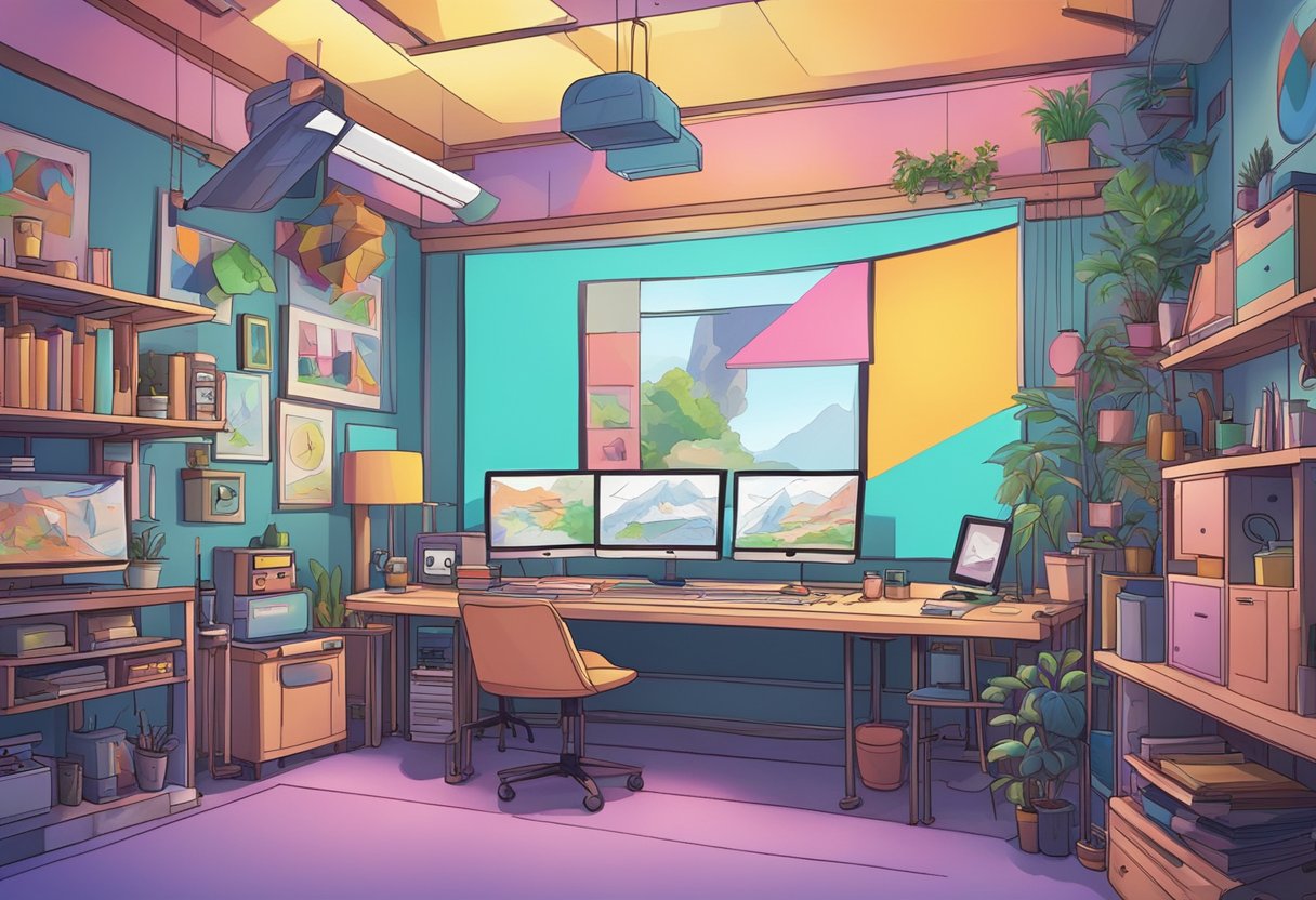 A colorful 2D animation studio with traditional drawing tools, coexisting with advanced AI technology
