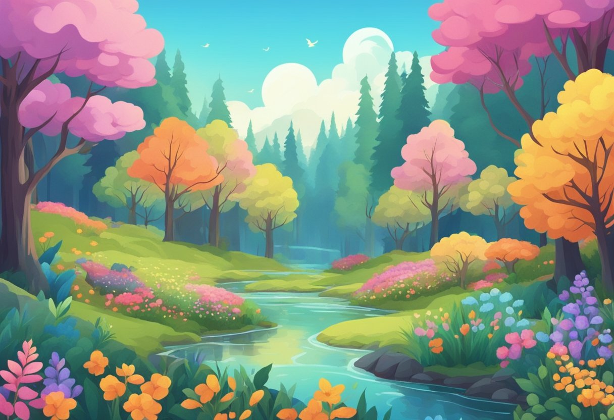 A serene forest with vibrant, blooming flowers and a gentle stream winding through, surrounded by colorful, animated creatures in a 2D style