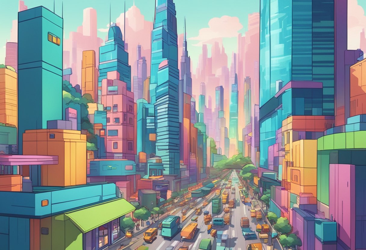 A bustling cityscape with futuristic skyscrapers juxtaposed against traditional 2D animated characters and vibrant colors, symbolizing the resurgence of 2D animation in the age of AI
