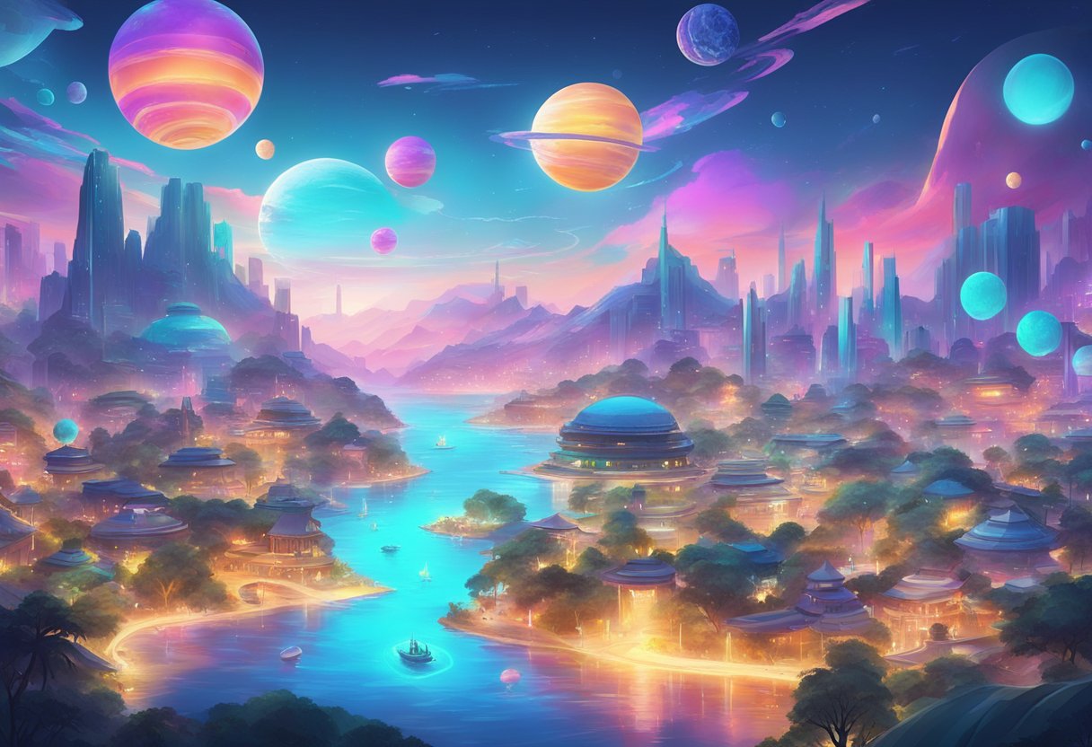 A vibrant 2D animated world emerges from a sea of futuristic AI technology, blending traditional artistry with modern innovation