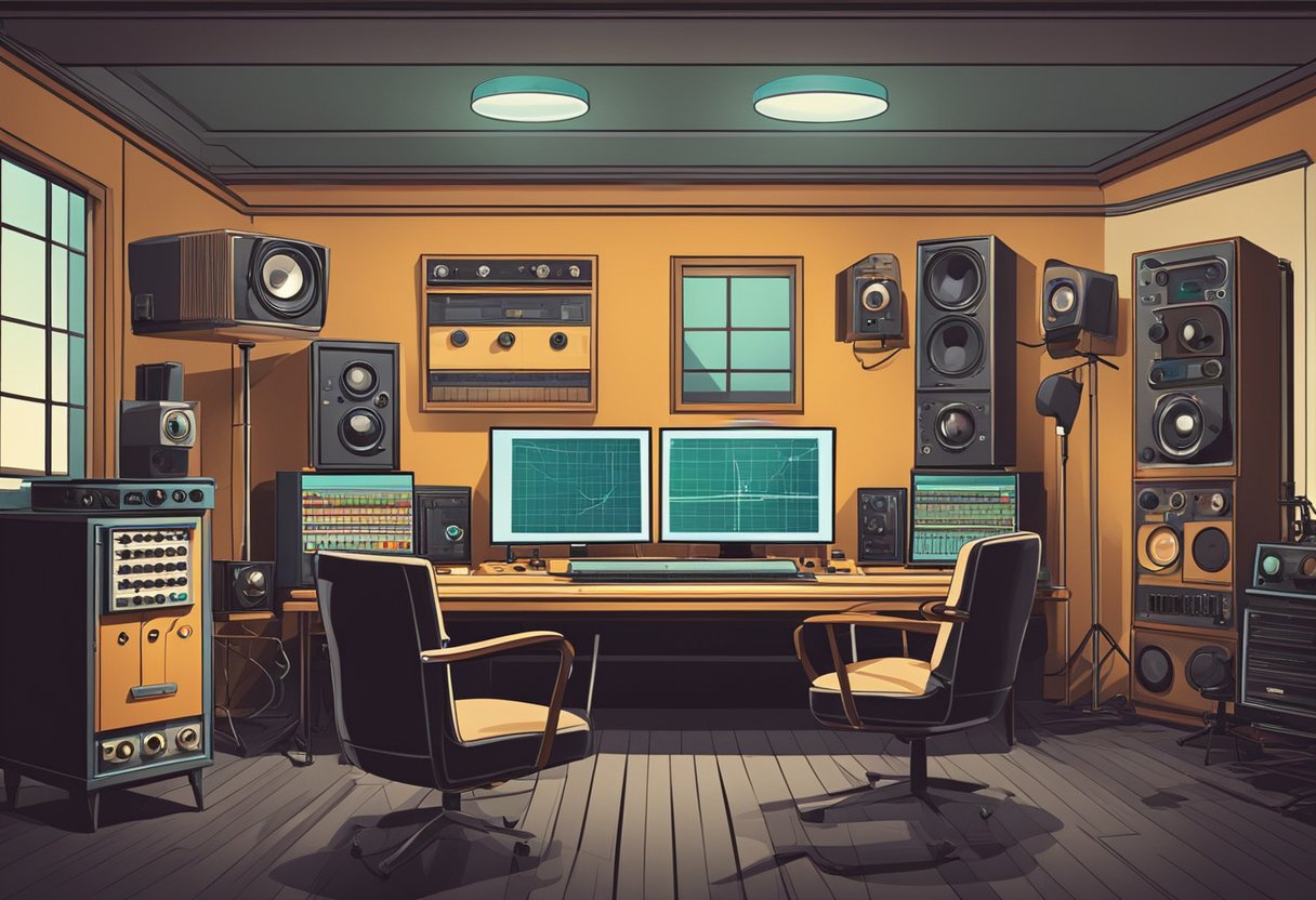 A retro-style animation studio with vintage equipment and modern AI technology in the background