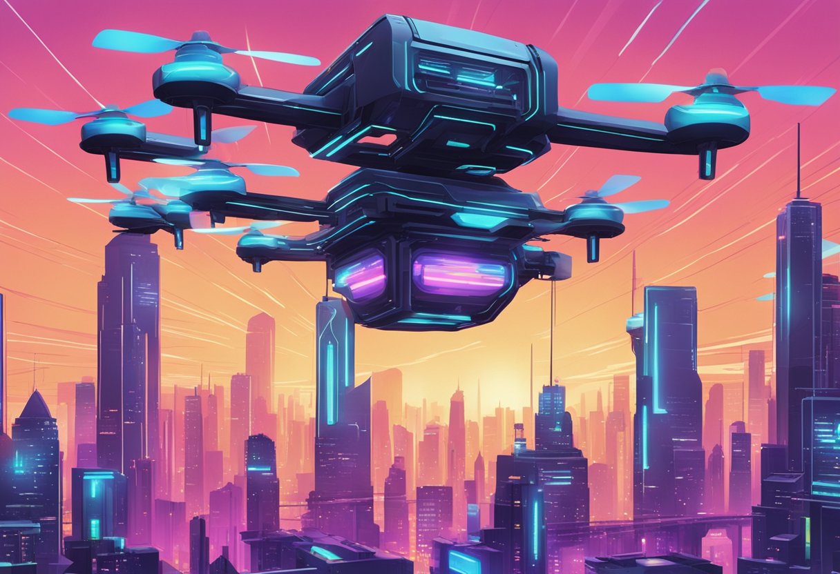 A futuristic cityscape with AI-powered drones creating vibrant digital art projections onto towering screens at a bustling animation film festival