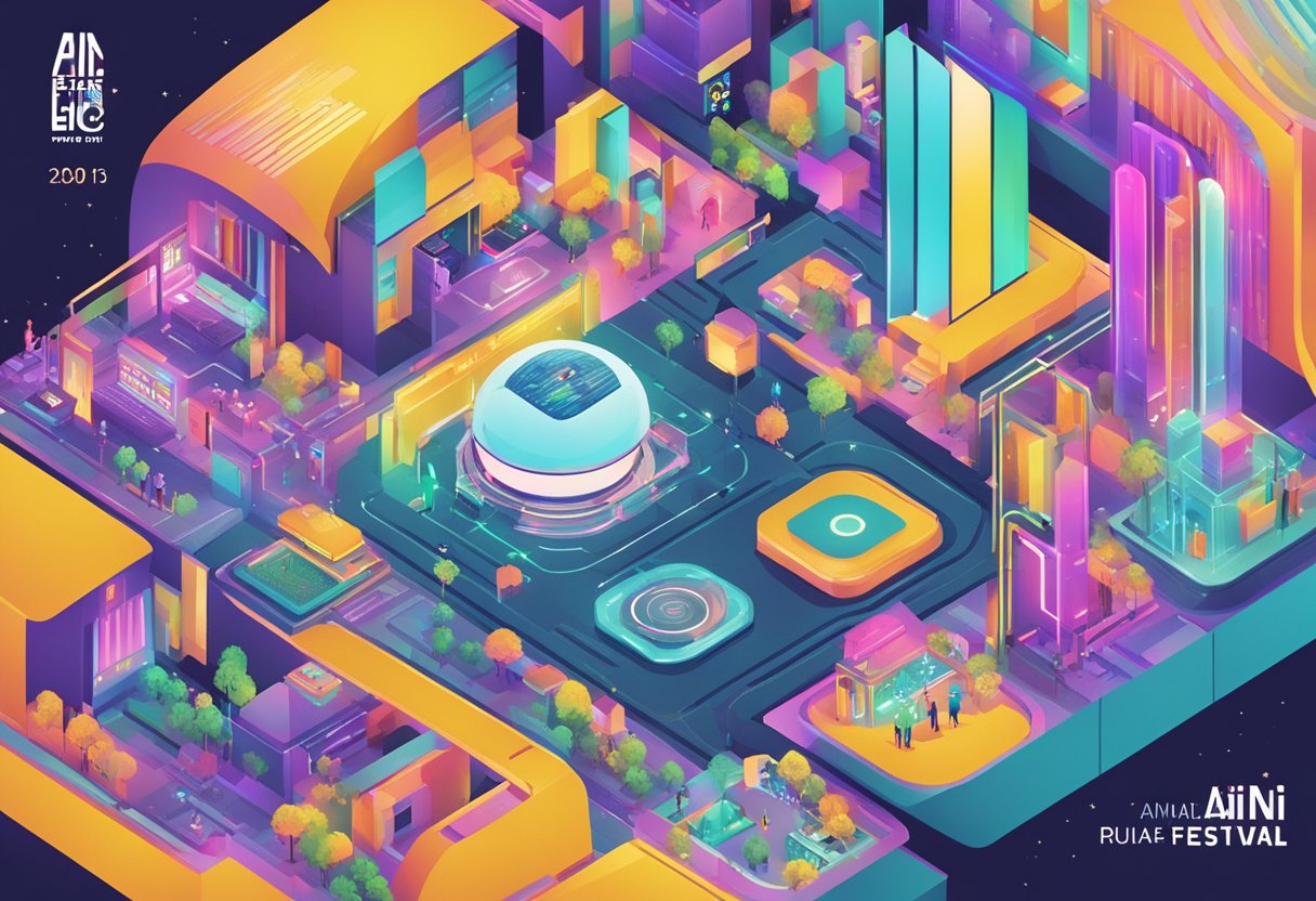 An animated film festival showcasing AI-inspired artwork, with futuristic technology integrated into the festival's logo and promotional materials