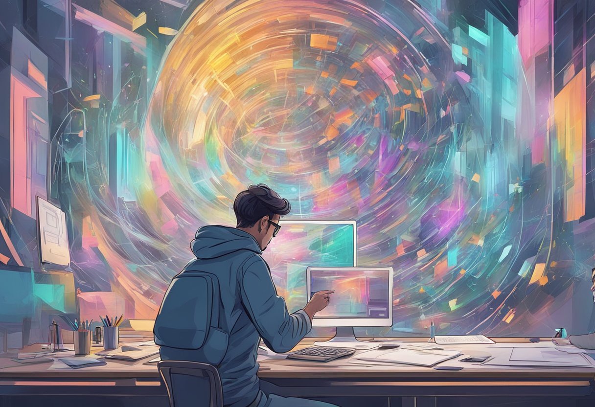 A futuristic AI meticulously creating a flawless, symmetrical animation while a human artist passionately sketches with messy, expressive strokes