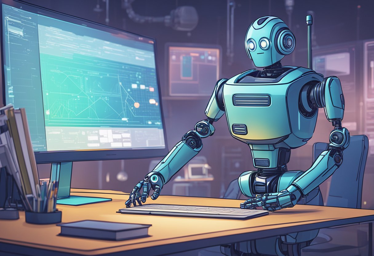 An animated robot attending a workshop on AI in animation, surrounded by futuristic technology and resources