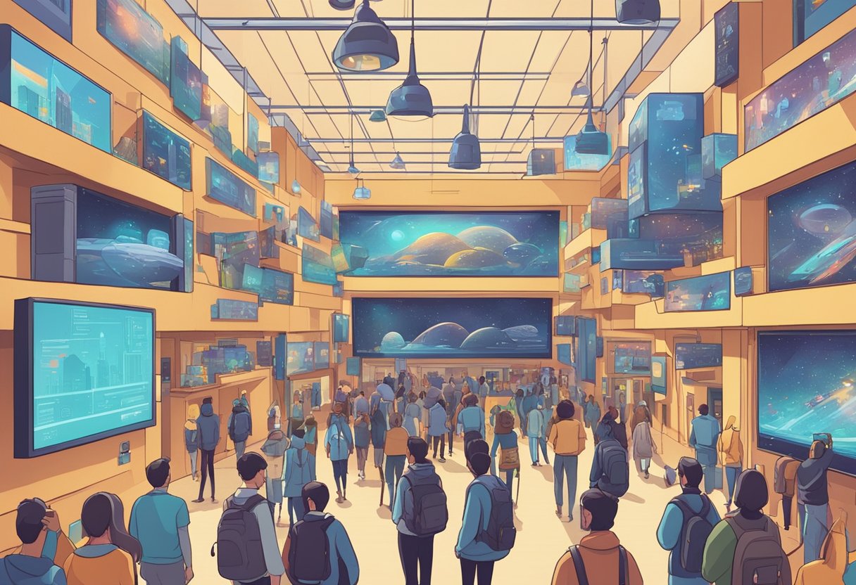 A bustling animation film festival with AI-themed posters and futuristic technology on display