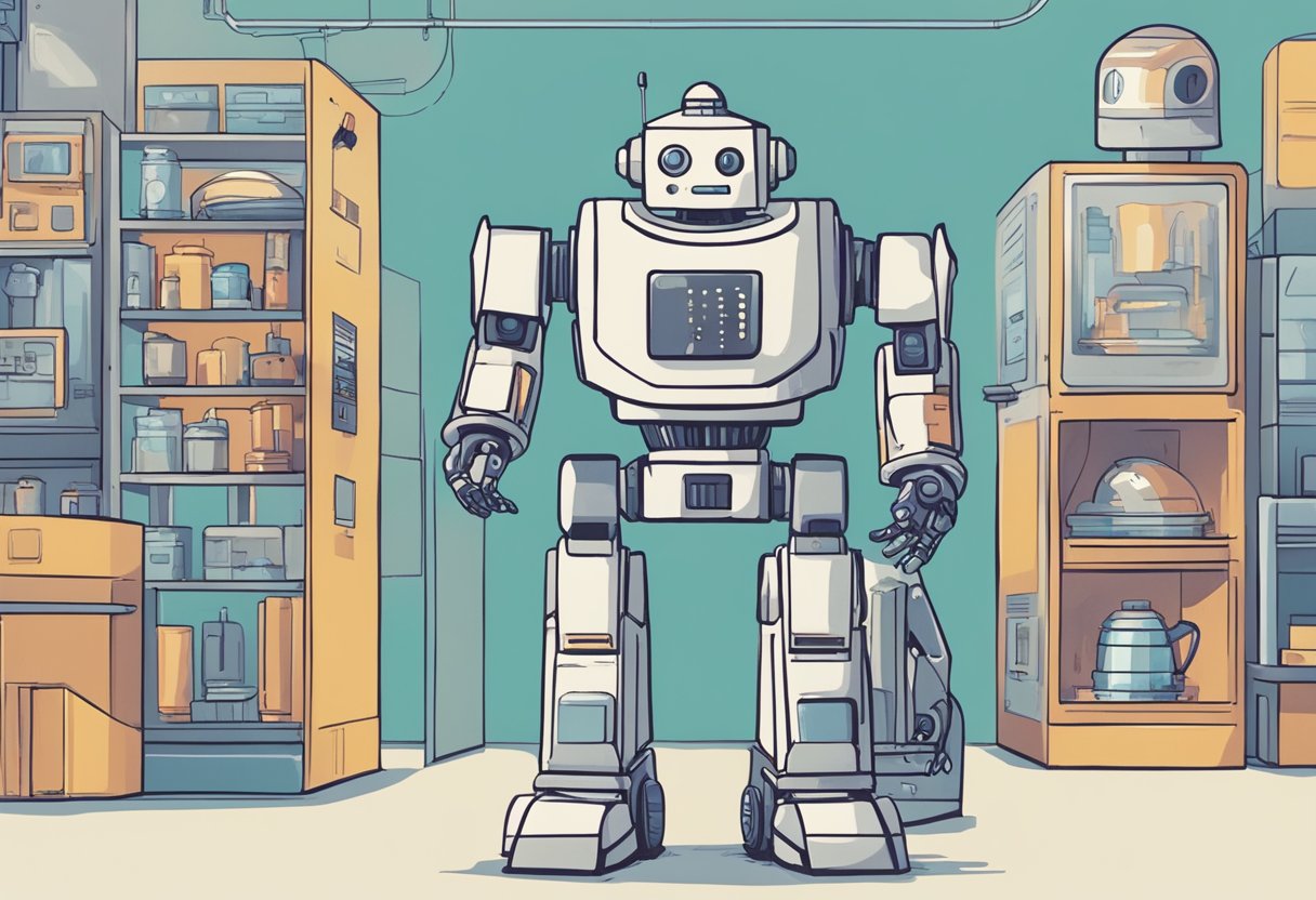 A robot and a human-like figure stand side by side, each with a different facial expression. The robot's face is emotionless, while the human-like figure's face shows a range of emotions