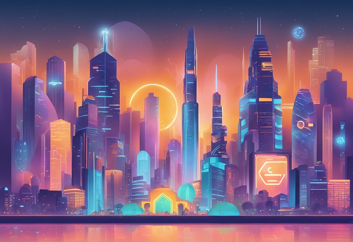 A futuristic city skyline with AI-inspired film festival logos projected onto buildings