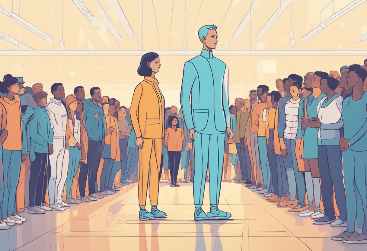 An AI and human stand side by side, facing a crowd of people. The AI is depicted as a sleek, futuristic figure, while the human is drawn with warm, expressive features. The crowd's reactions vary, with some looking intrigued and others skeptical