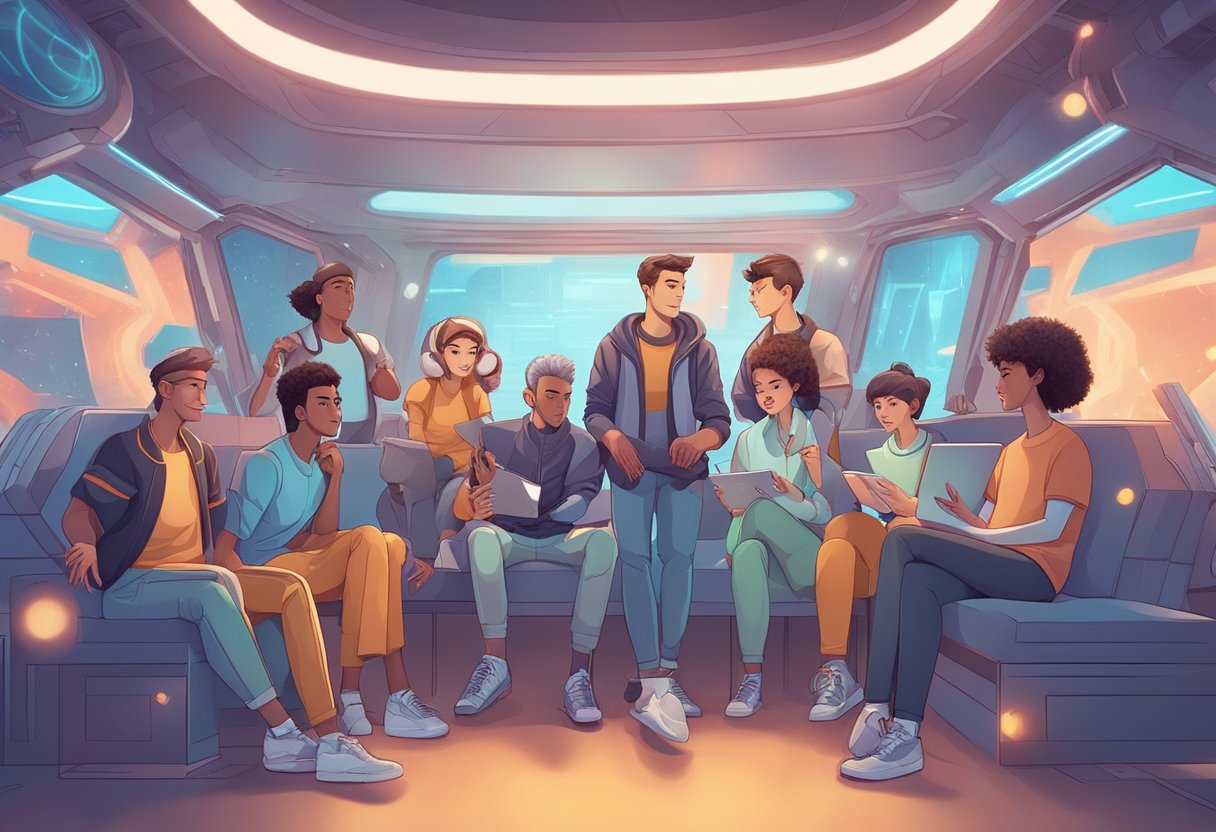 A group of animated characters interact with emotion and expression, surrounded by advanced technology and futuristic settings