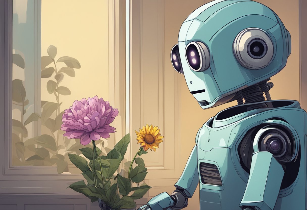 A young robot gazes at a wilted flower, its eyes expressing a mix of curiosity and sadness. The dimly lit room adds to the emotional atmosphere