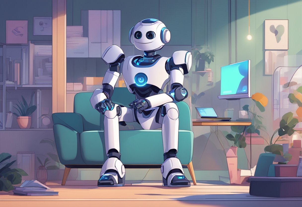 An AI character interacts with emotive animated scenes, evoking storytelling through dynamic visuals and expressive animation