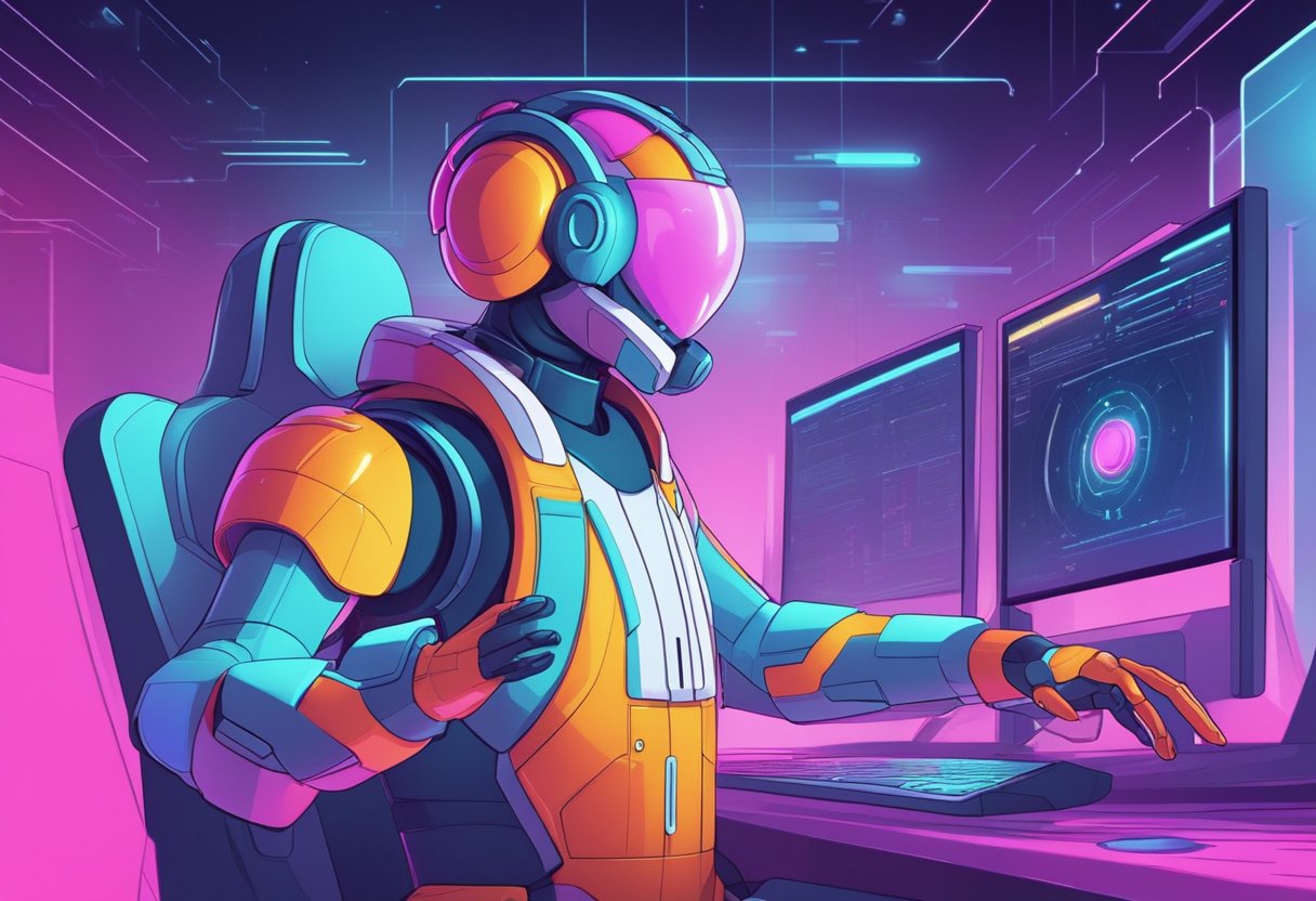 A colorful 2D animated character interacts with a futuristic AI interface, showcasing the continued relevance of 2D animation in the era of technological advancements