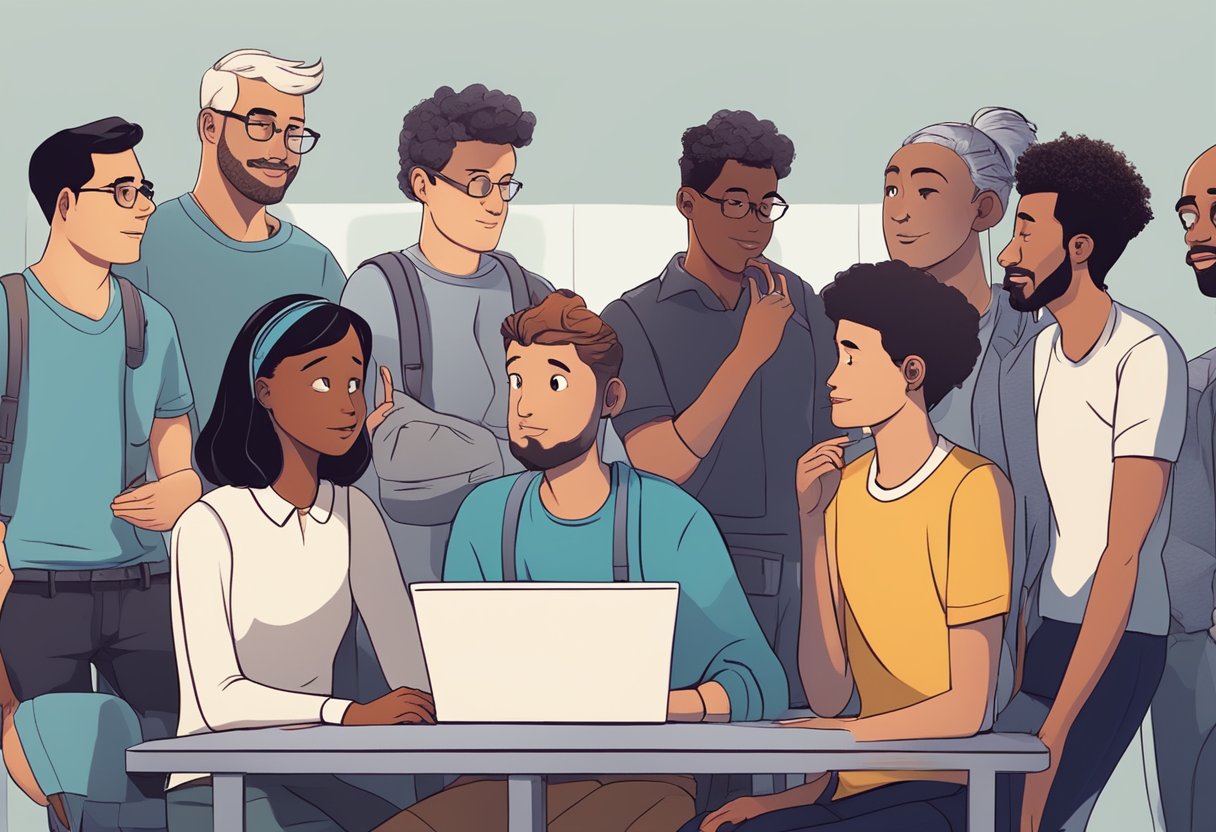 A group of animated characters engage in deep conversations with an AI, their emotions and expressions reflecting the impact of the AI's influence on their storytelling
