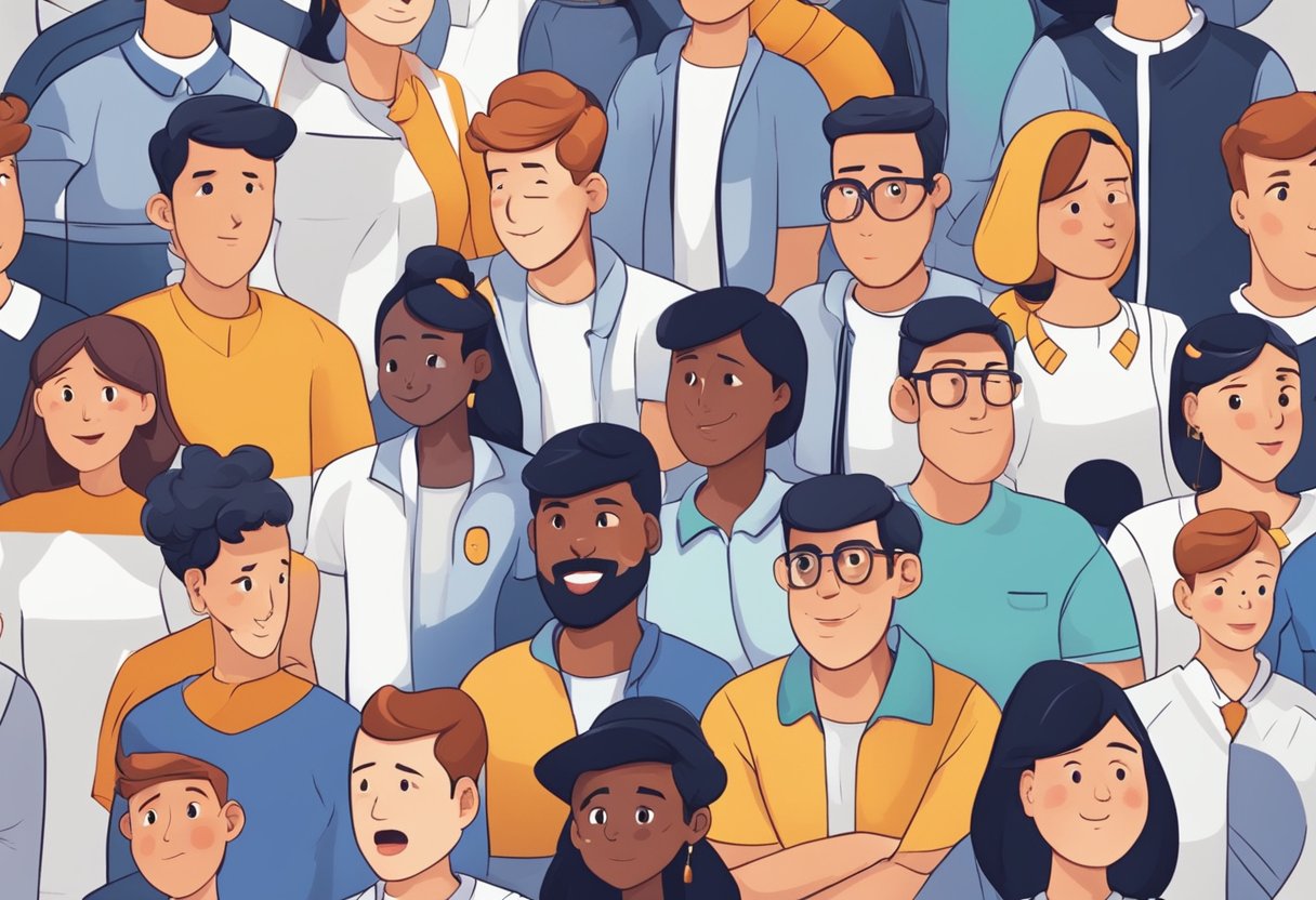 A group of animated characters interact with advanced AI technology, expressing a range of emotions through their facial expressions and body language