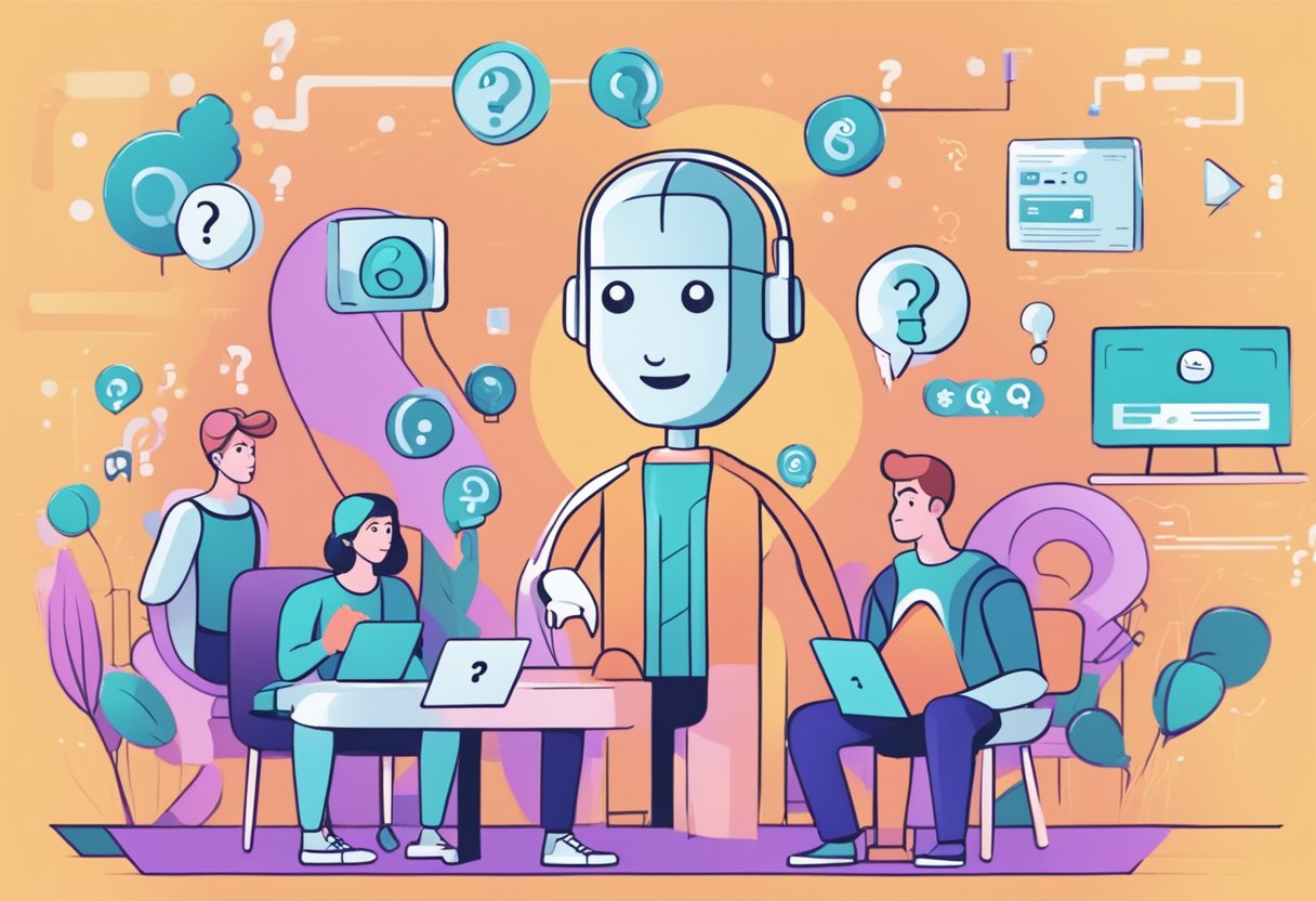 An AI character interacts emotionally with animated movie characters, surrounded by question marks and a FAQ sign
