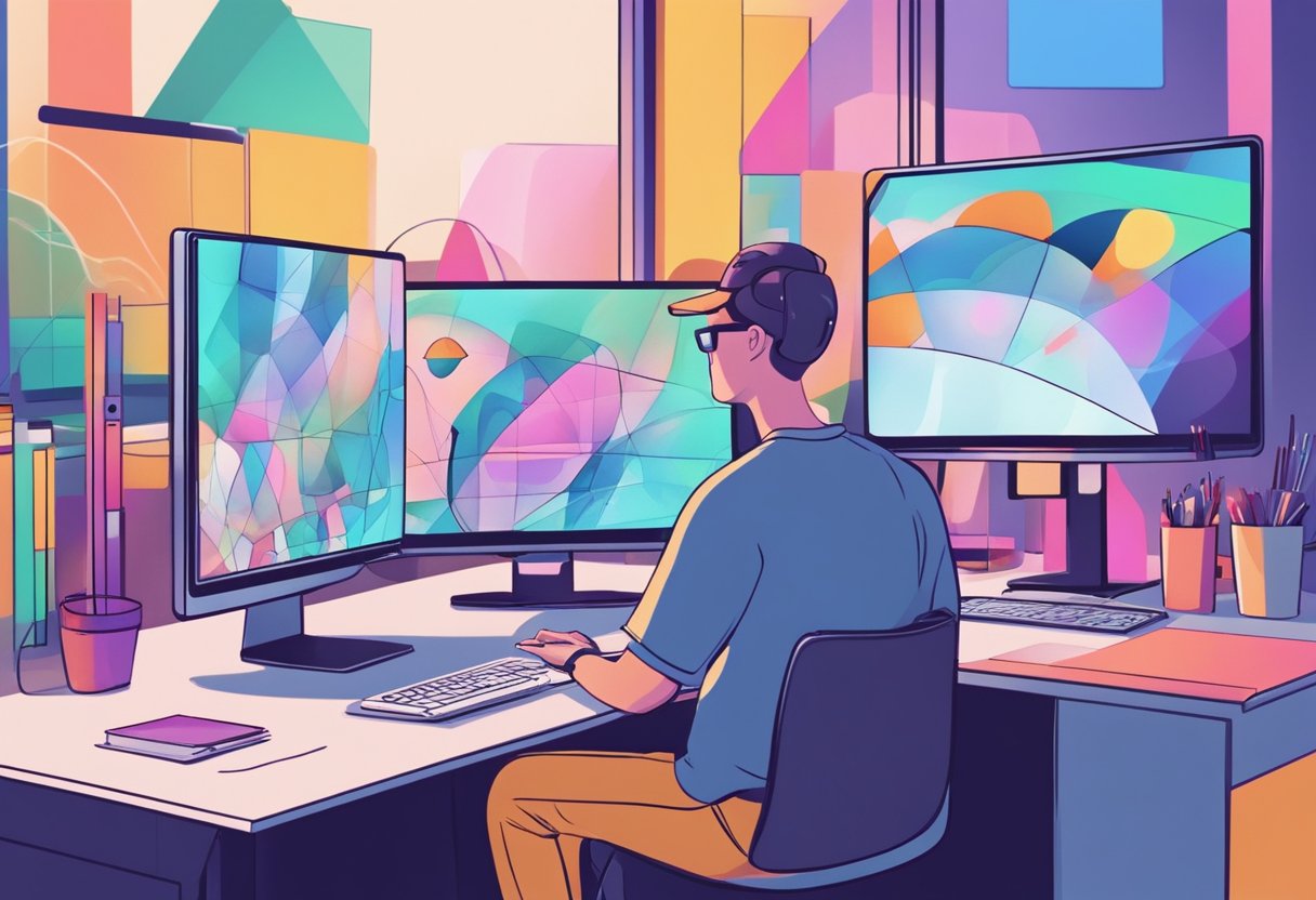 A digital artist creating a 2D animation with AI assistance. Multiple layers of digital drawings and colorful shapes blending together on a computer screen