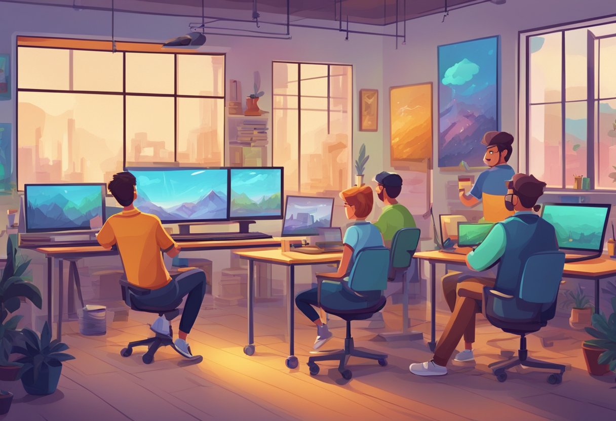 A colorful 2D animation studio with various characters and scenes being created on digital drawing tablets