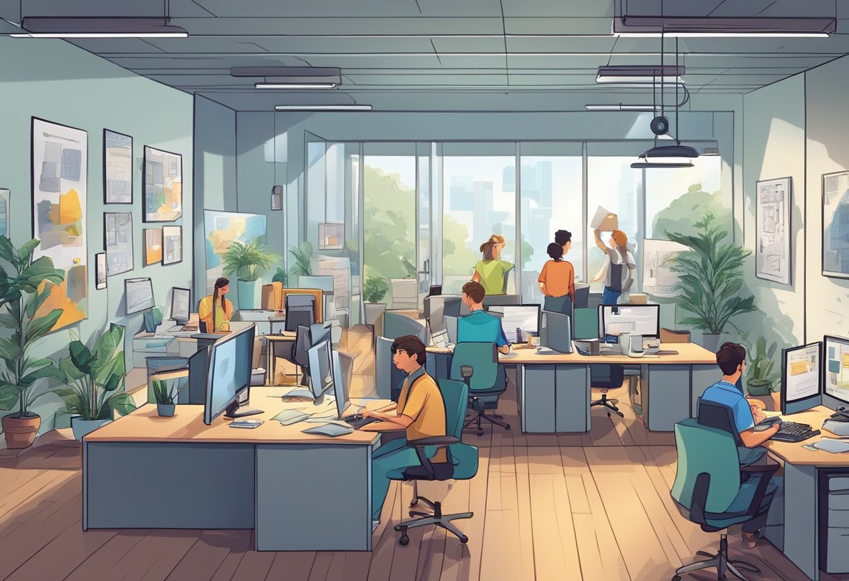A bustling office with animators at work, colorful storyboards on the wall, and a lively atmosphere of creativity and innovation