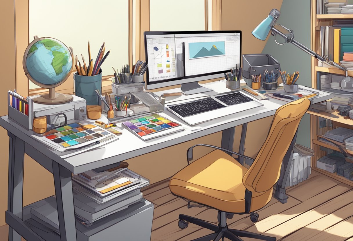 A variety of animation tools and equipment arranged on a desk in a creative studio setting