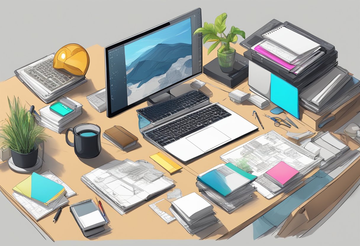 A cluttered desk with a computer, drawing tablet, and animation software open, surrounded by sketches and reference materials