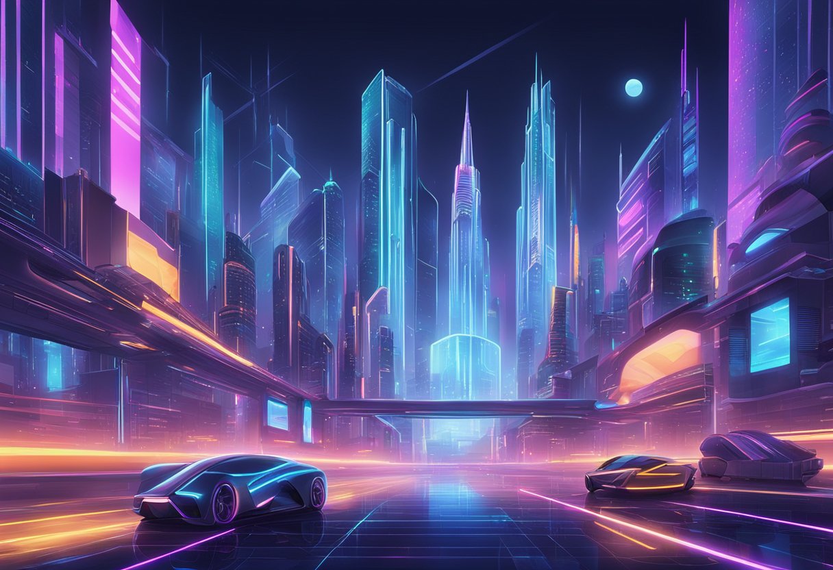 A futuristic cityscape with sleek, high-tech buildings and vehicles, illuminated by neon lights and holographic displays