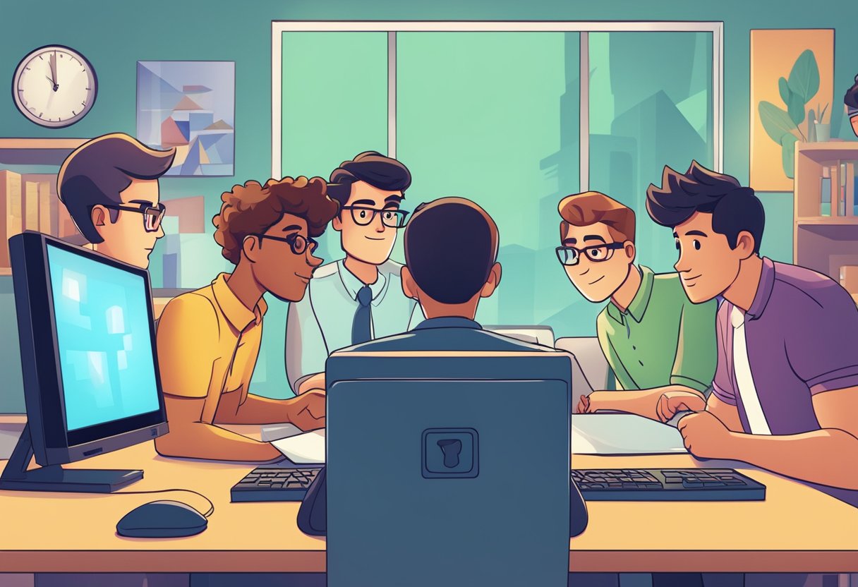 A group of animated characters gather around a computer screen, pointing and discussing creative ideas. The agency's logo is prominently displayed in the background