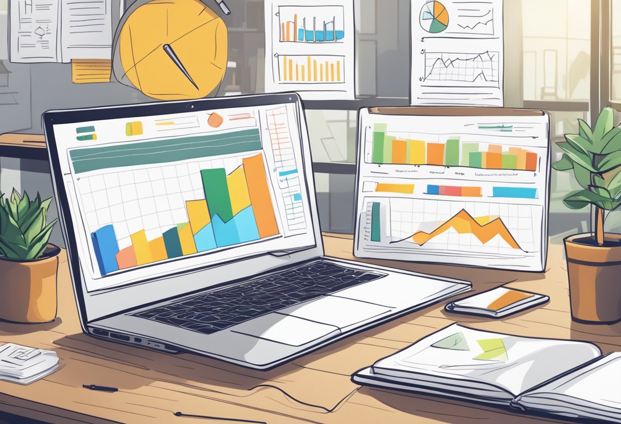 A laptop displaying various animated lessons with charts and graphs on a desk, surrounded by books and a notepad with scribbled notes