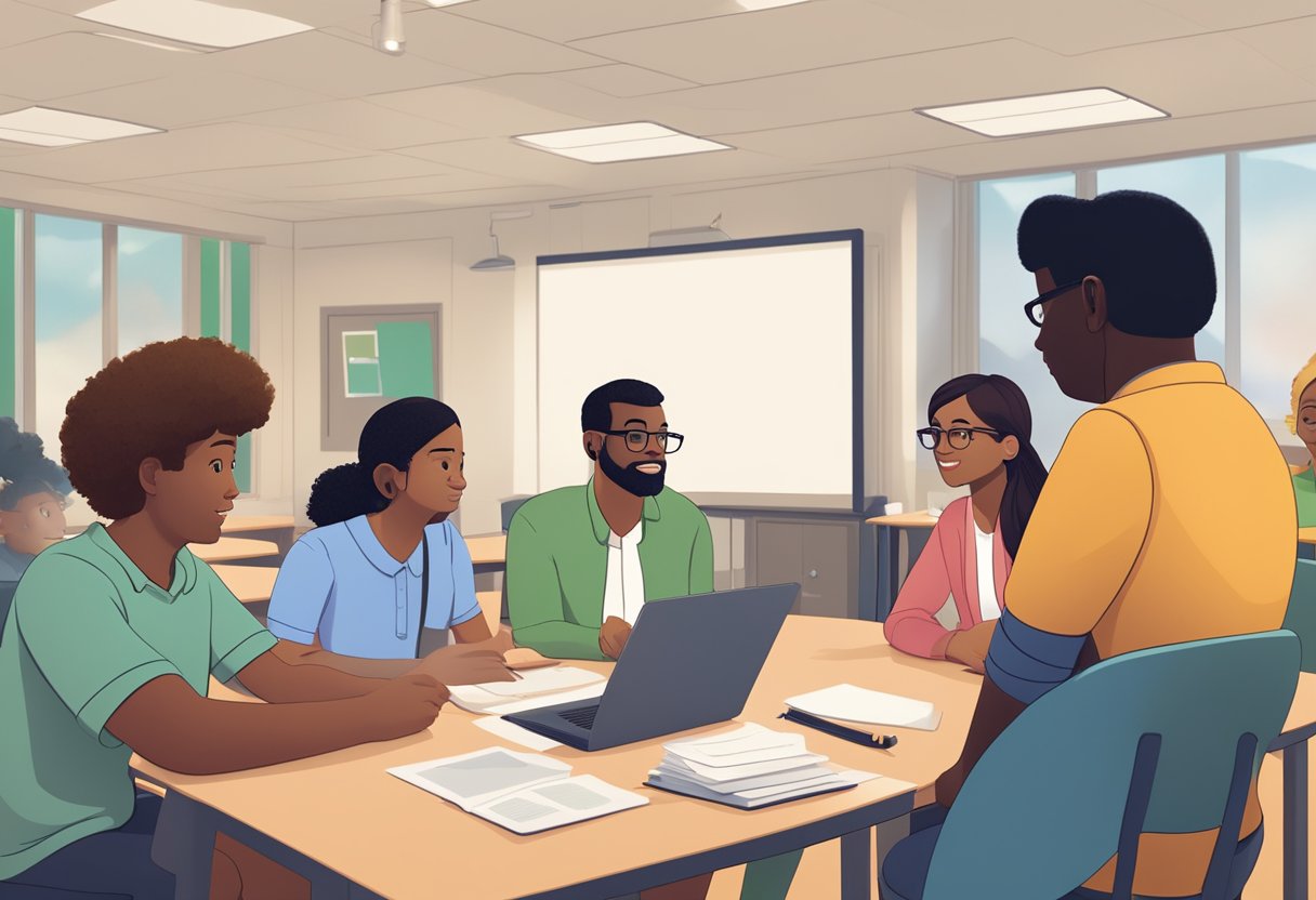 A diverse group of animated characters engage in a discussion around ethical considerations, with a focus on education. The characters are depicted in a classroom or virtual learning environment