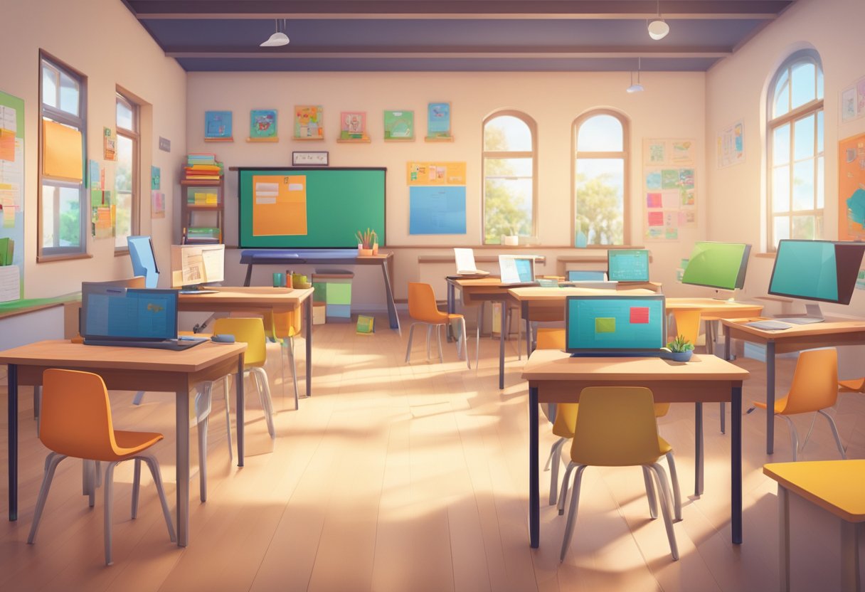 An animated classroom filled with diverse educational resources and tools, surrounded by vibrant and engaging visuals