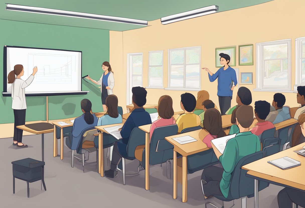 A classroom setting with students watching a projector, while an instructor demonstrates animation techniques using a drawing tablet and software