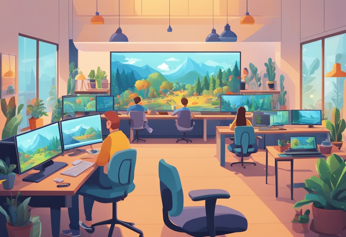 A bustling animation studio with artists creating colorful characters and scenes for educational videos. Computer screens display intricate animations