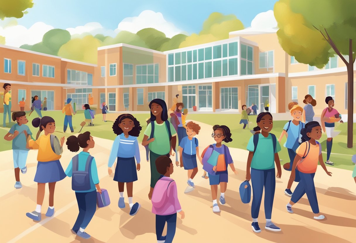 A diverse group of students of different abilities and backgrounds engage in inclusive learning activities in a welcoming and accessible school environment