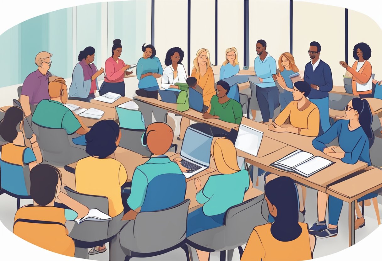 A group of teachers engage in lively discussions and workshops, as they eagerly absorb new teaching strategies and technologies during a professional development training session