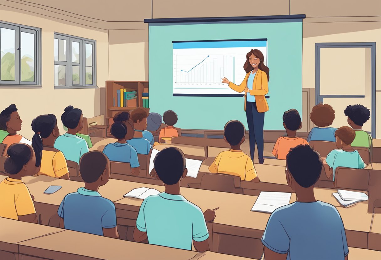 A teacher standing in front of a large screen, presenting animated slides to a group of engaged students in a classroom