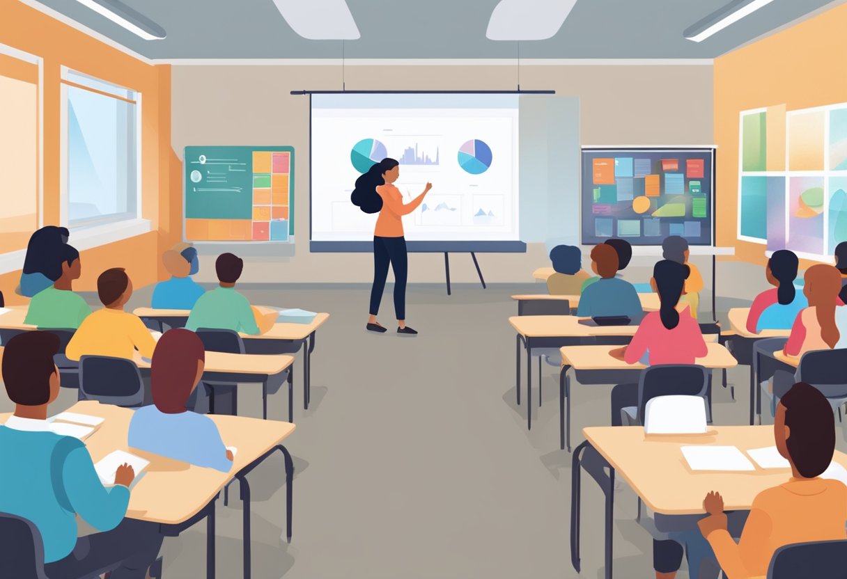 A classroom setting with animated visuals projected on a screen, engaged students, and a presenter using dynamic body language