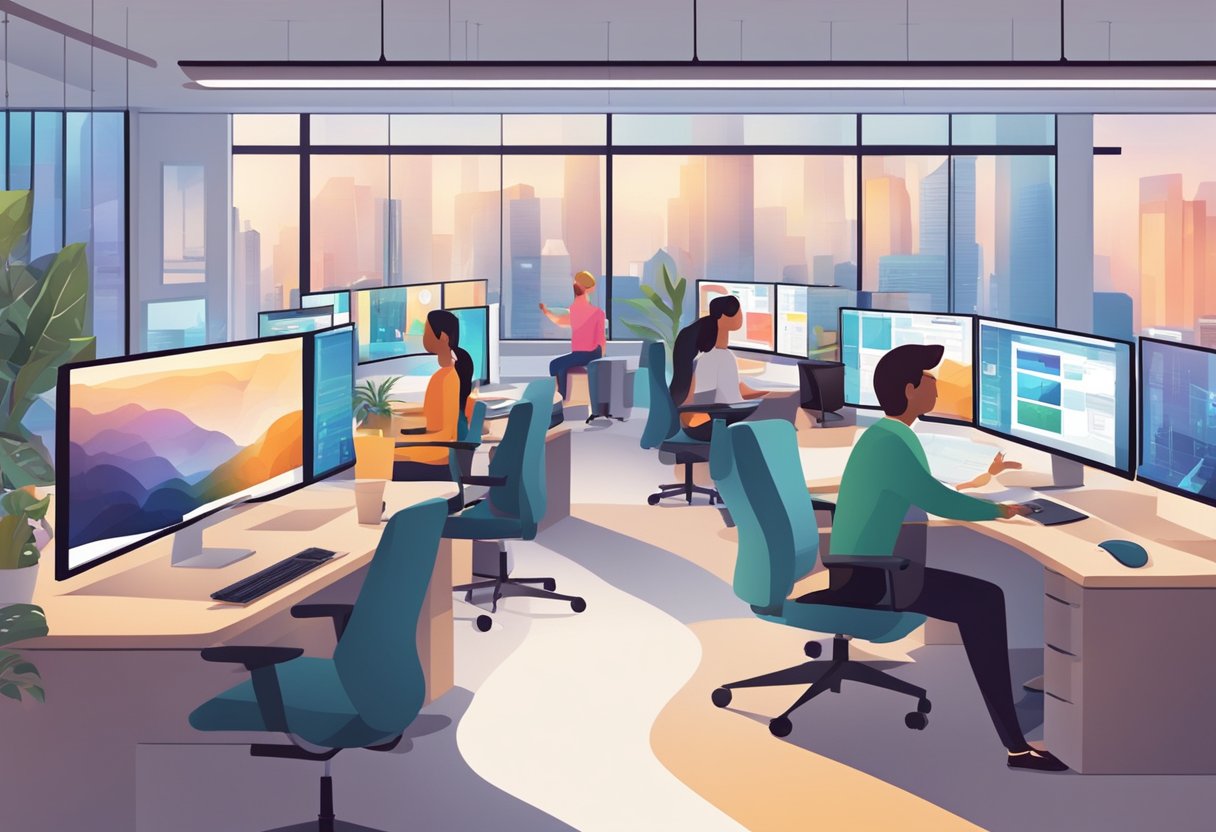 An office with computer screens showing interactive animations and designers collaborating
