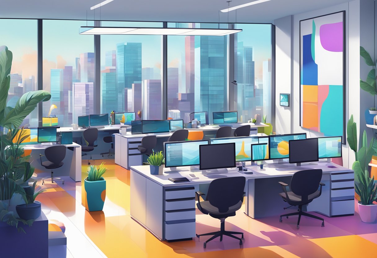 A modern, sleek office space with vibrant color palettes and large computer screens displaying various character designs