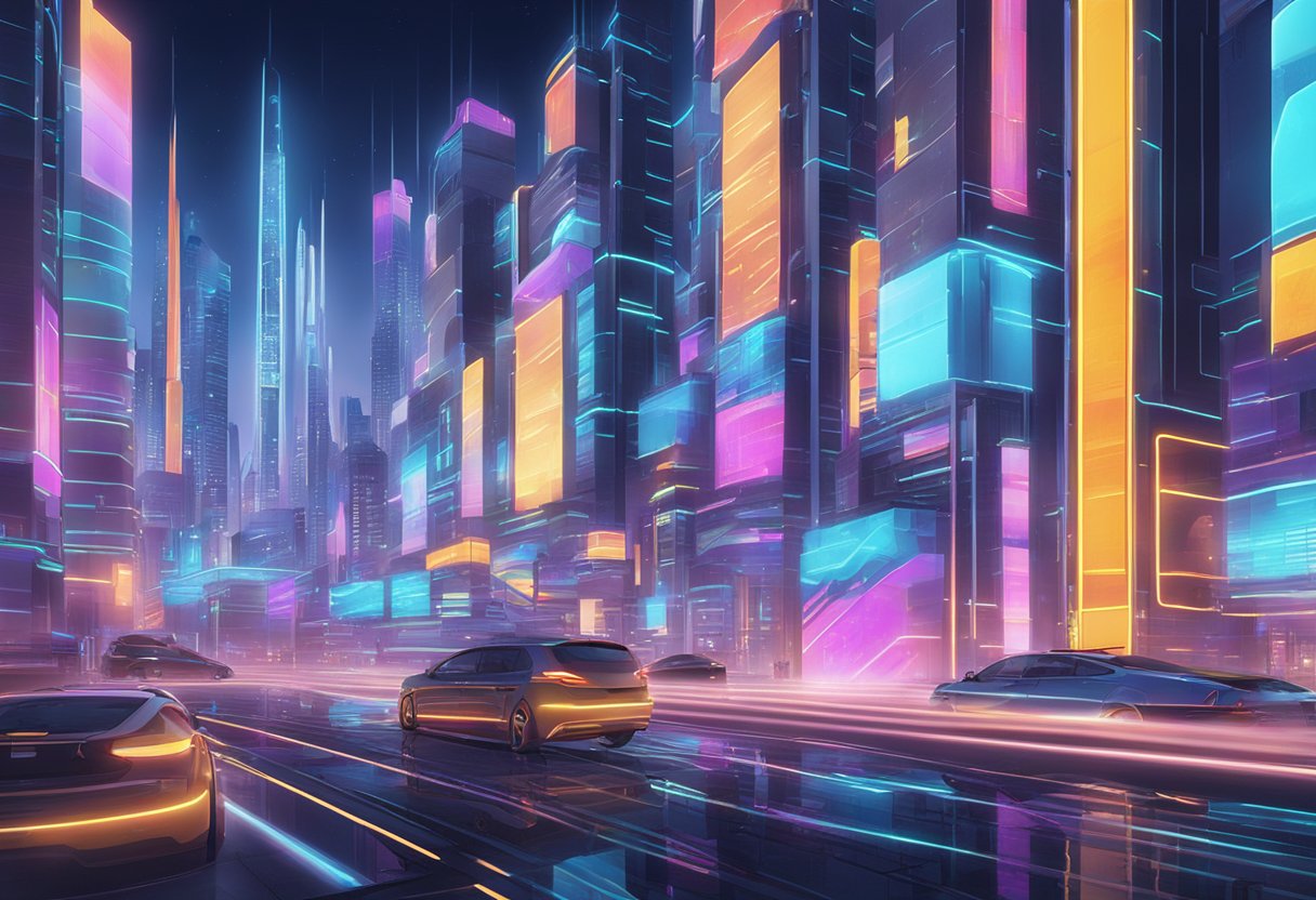 A futuristic cityscape with neon billboards and holographic projections showcasing CGI animated advertisements