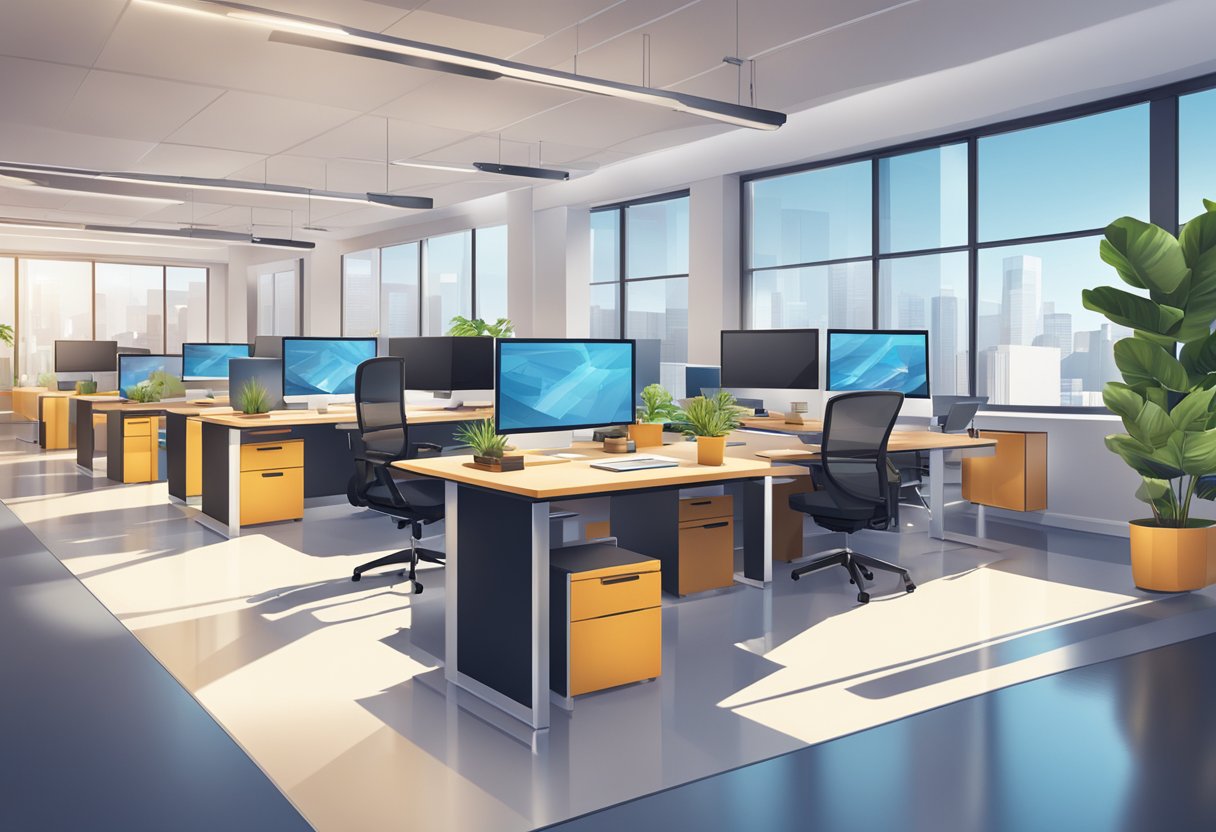 An office space with modern design and technology, featuring a team collaborating on digital projects and engaging with industry standards