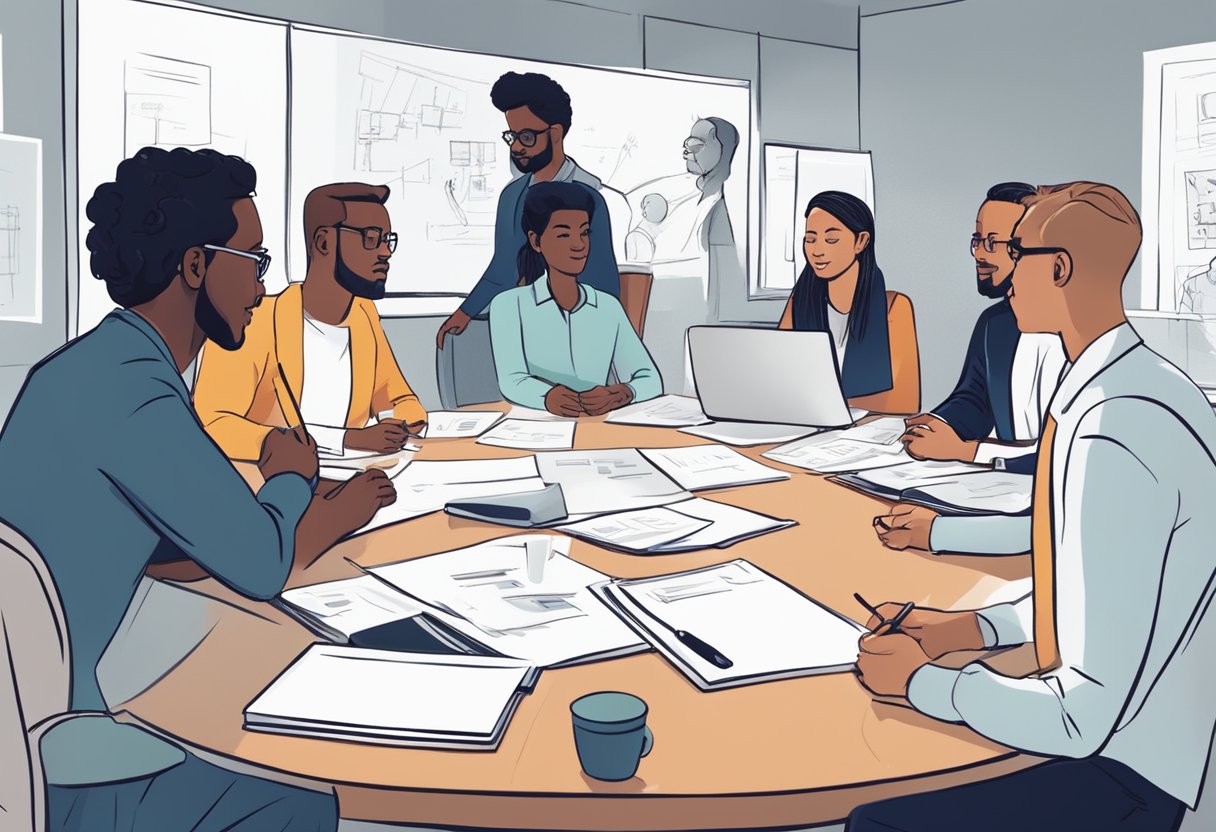 A group of diverse people sit around a conference table, discussing and brainstorming ideas. A large whiteboard in the background shows various animation concepts and sketches