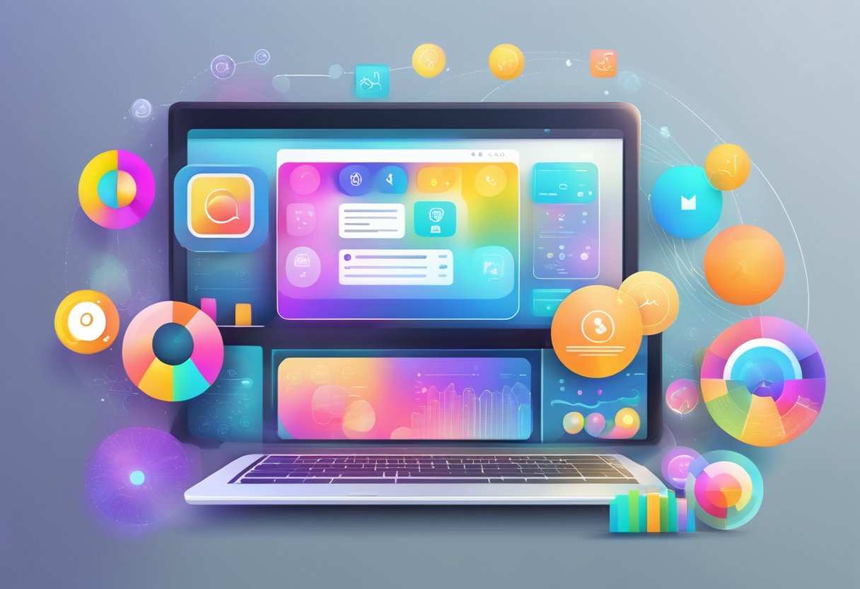 A colorful digital interface with interactive elements and educational content