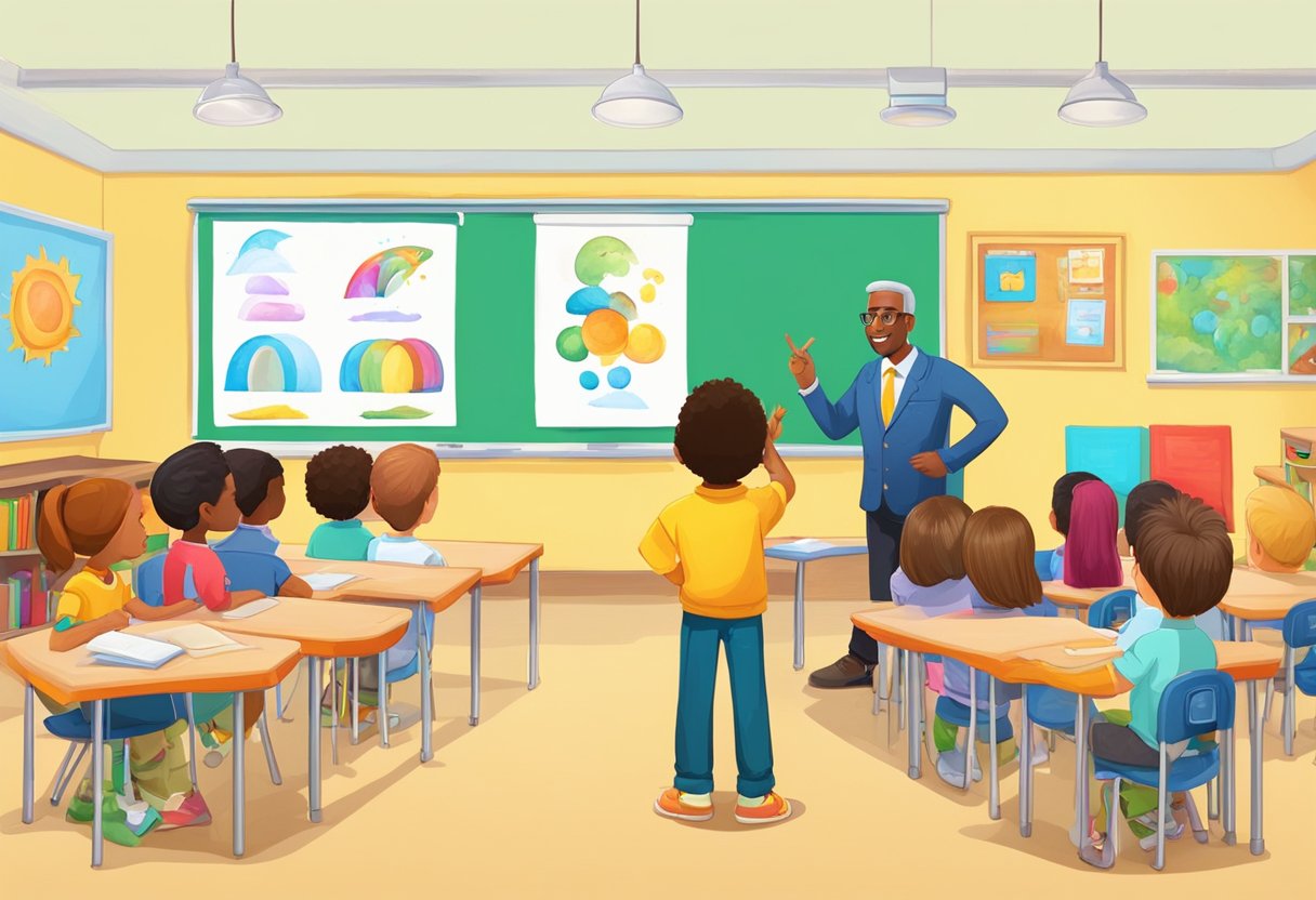 A colorful animated character teaches in a vibrant classroom setting, engaging students with visual aids and interactive demonstrations